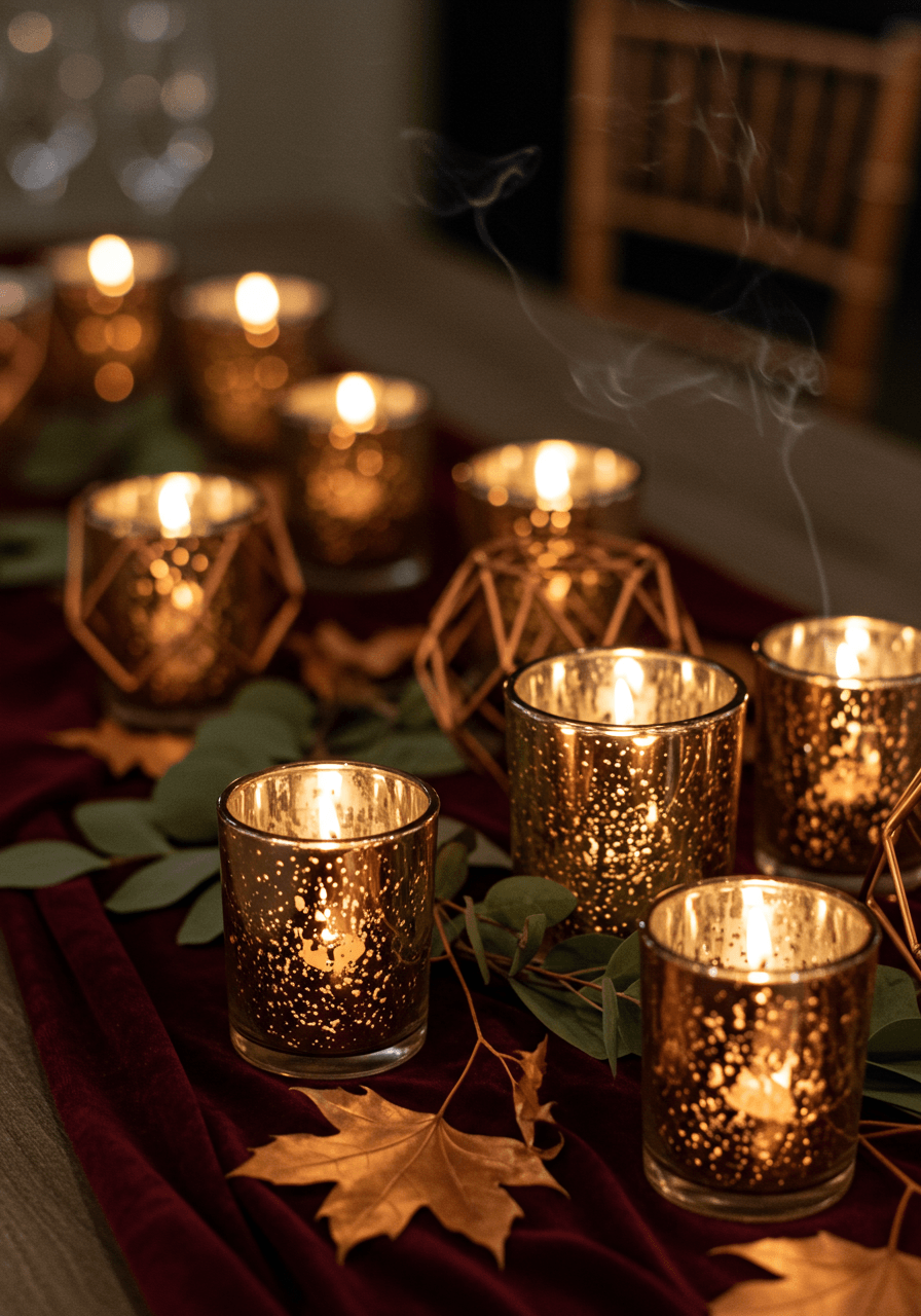 Elegant rose gold geometric votive candles scattered across burgundy velvet table runner with autumn leaves and eucalyptus