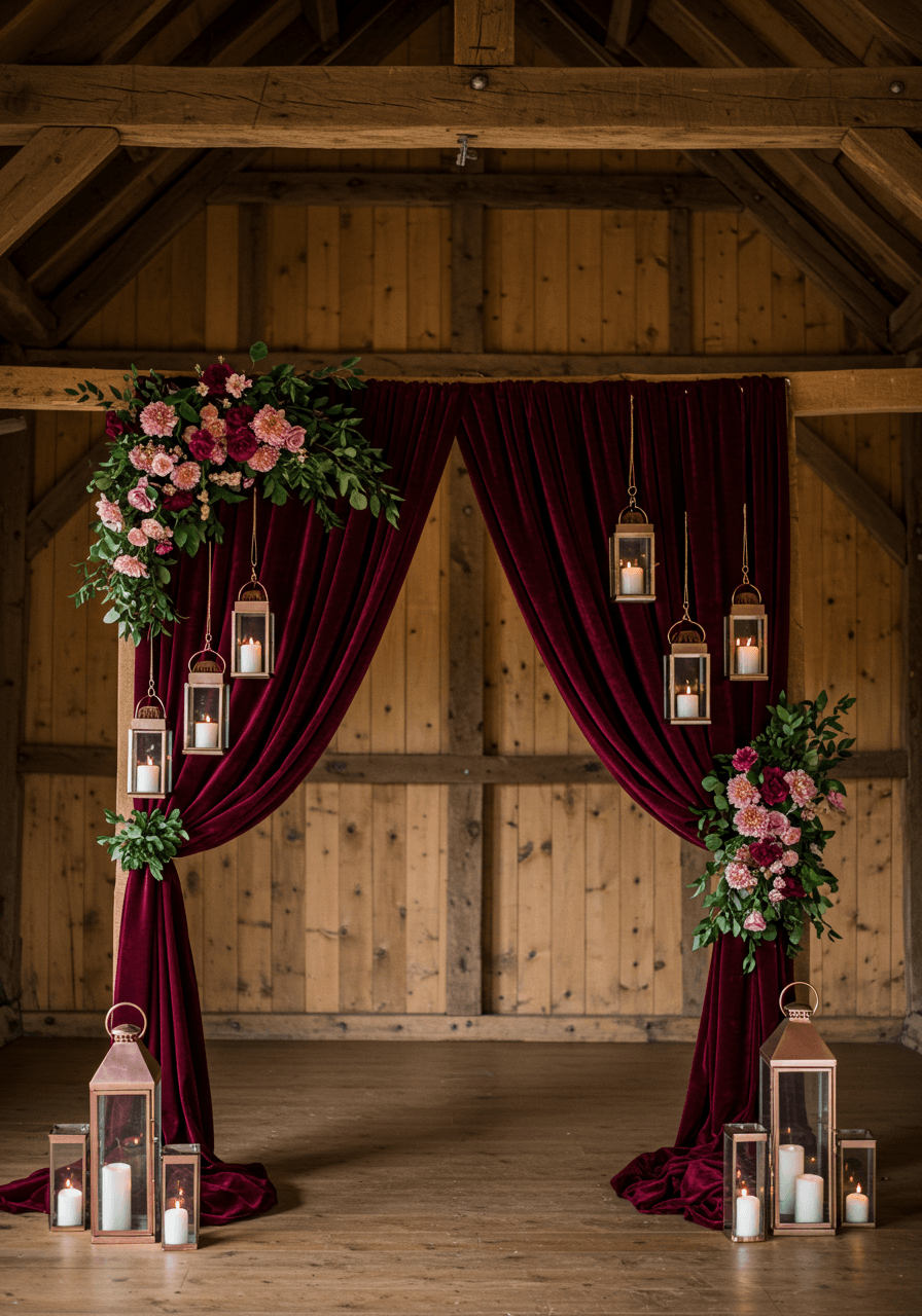 Wide view of rustic barn altar decorated with rose gold lanterns and burgundy curtains