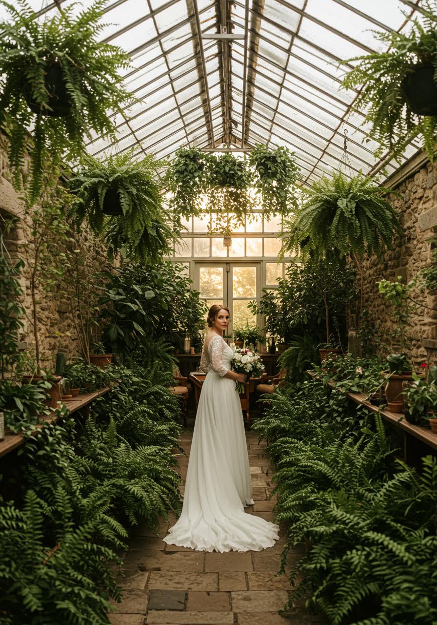 Ethereal bride posing among lush ferns and greenery in an enchanted glass conservatory wedding venue
