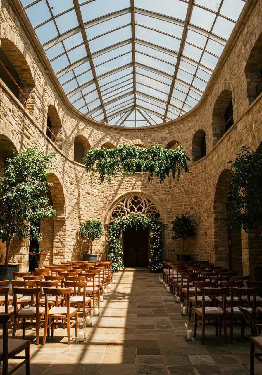Grand atrium ceremony space during golden hour with magnificent stone architecture and glass ceiling creating dramatic lighting
