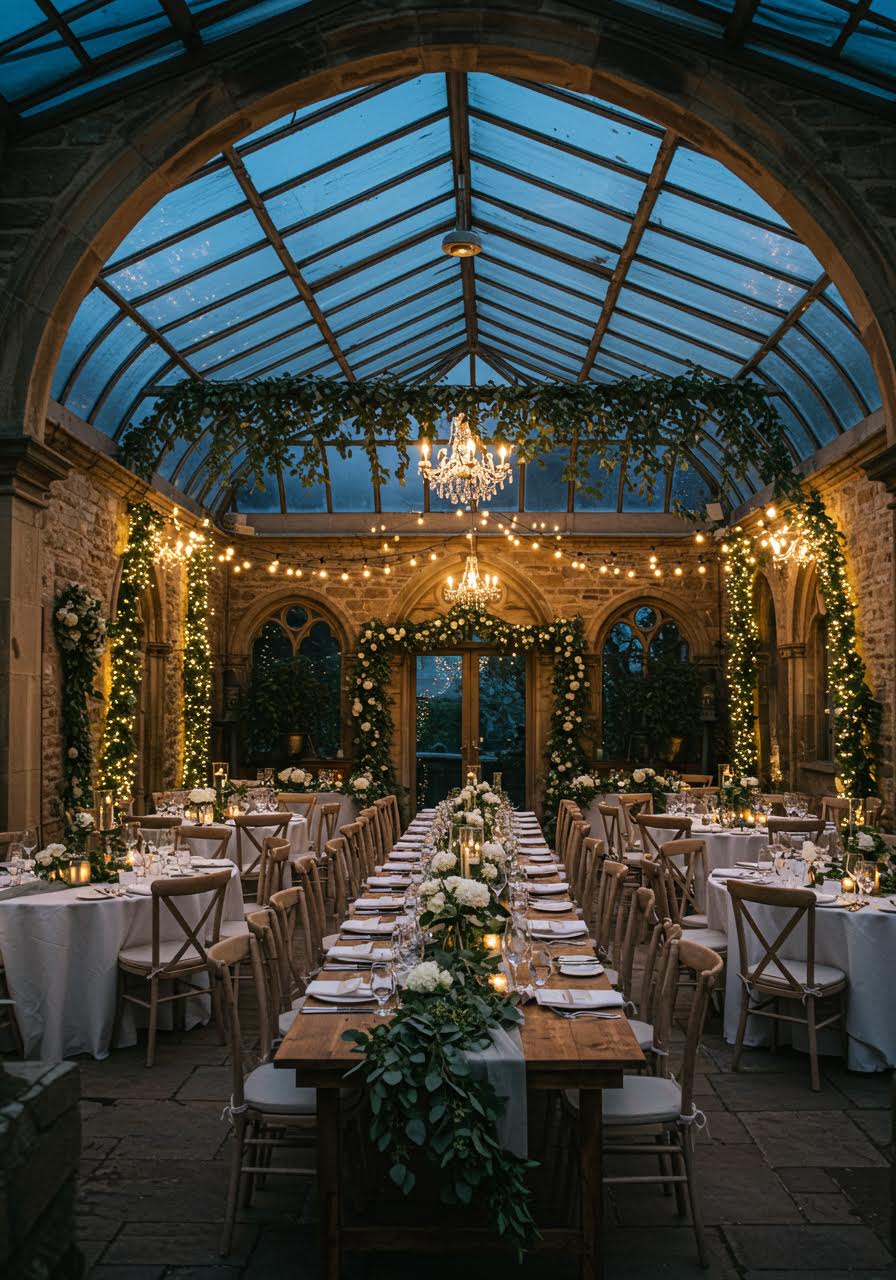 Victorian orangery transformed into an elegant wedding reception with period features and contemporary styling
