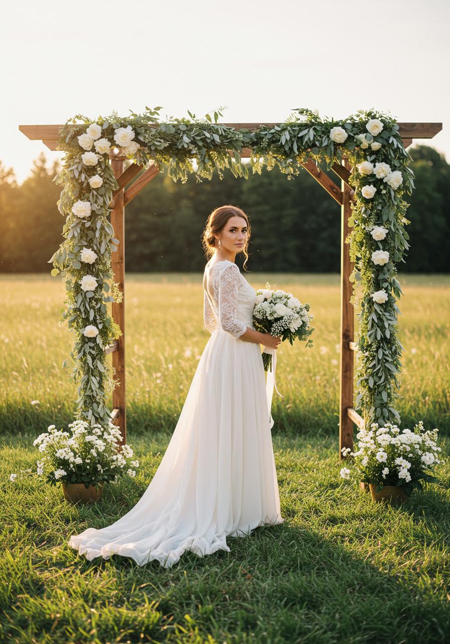 Bride standing beneath sage green floral arch in dreamy meadow wedding ceremony setting