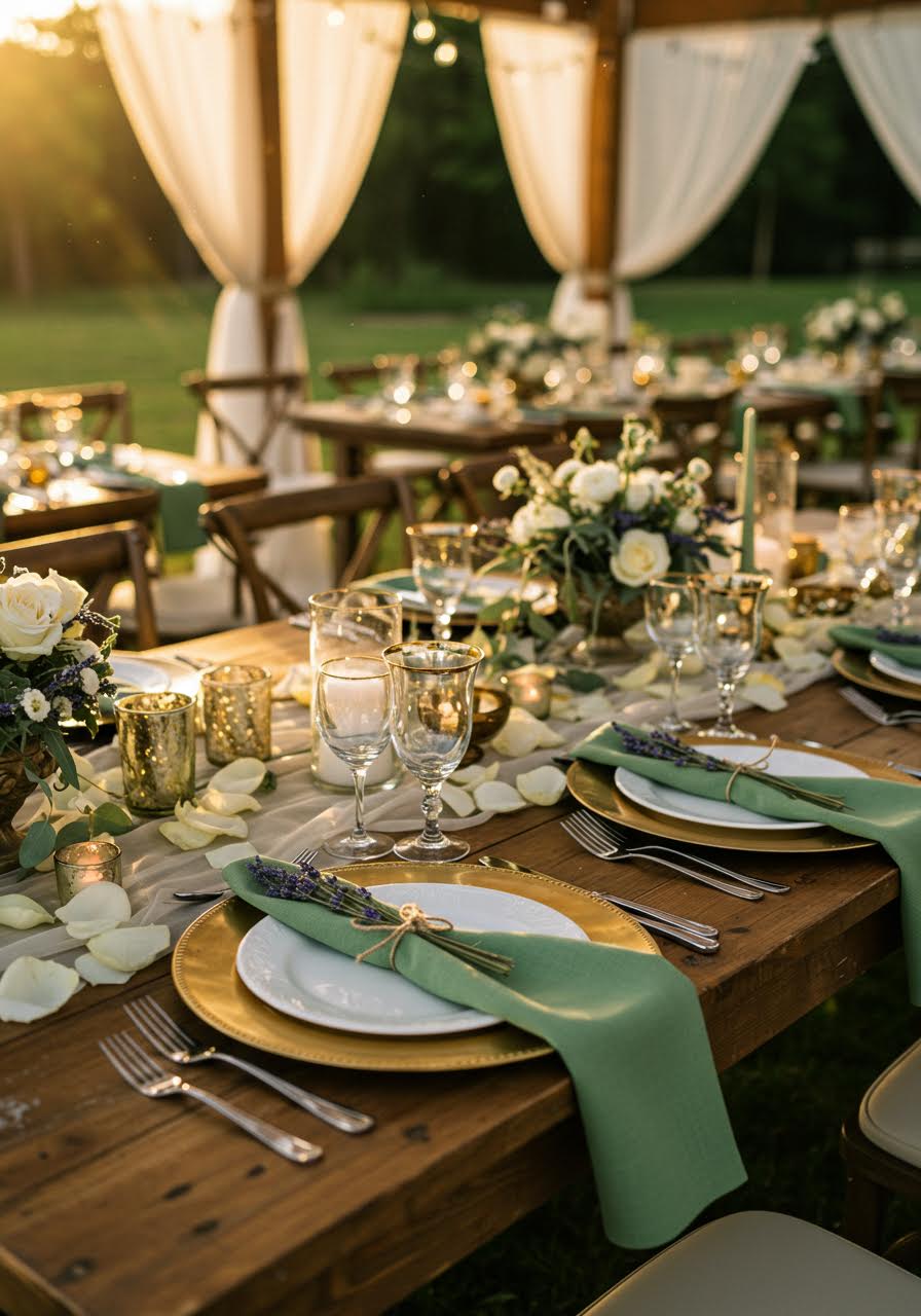 Elegant wedding reception table with sage green napkins, brass chargers and lavender accents at golden hour