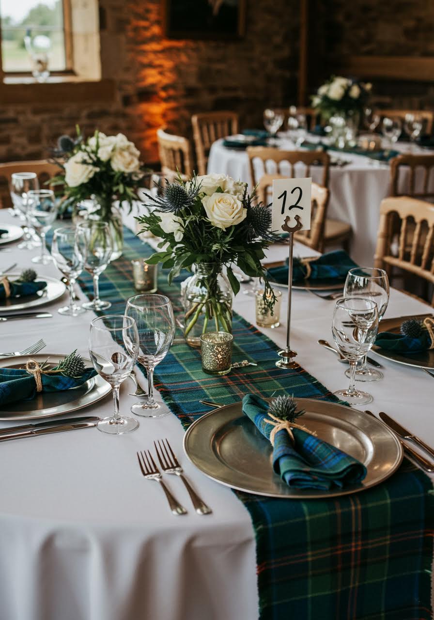 Highland wedding reception featuring clan tartan table runners and coordinated linens in rustic venue