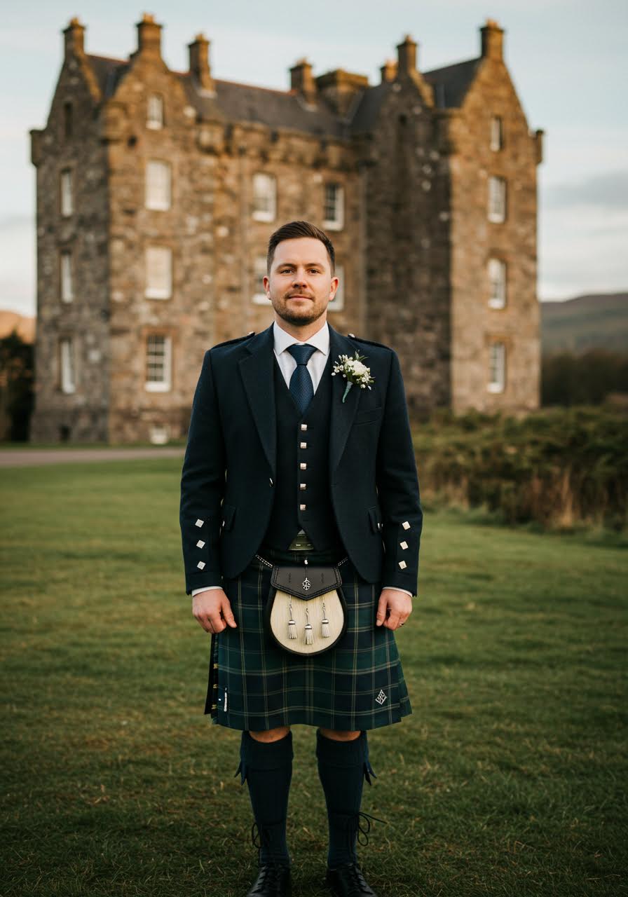 Groom in traditional navy tartan kilt with ornate sporran standing before Highland castle at sunset