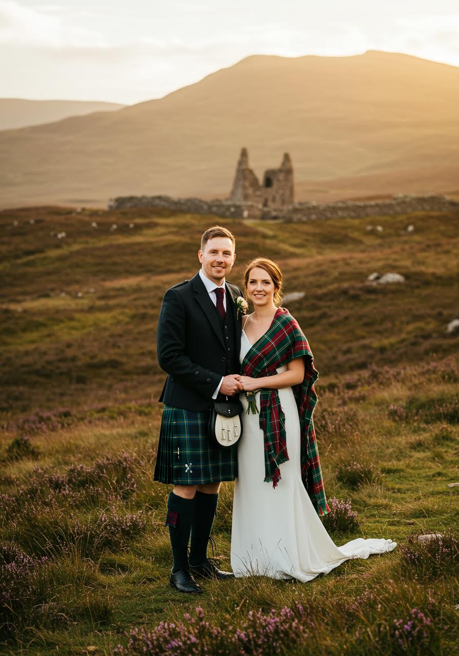 Couple in Highland meadow wearing clan tartan sashes with ancient stone ruins visible in background