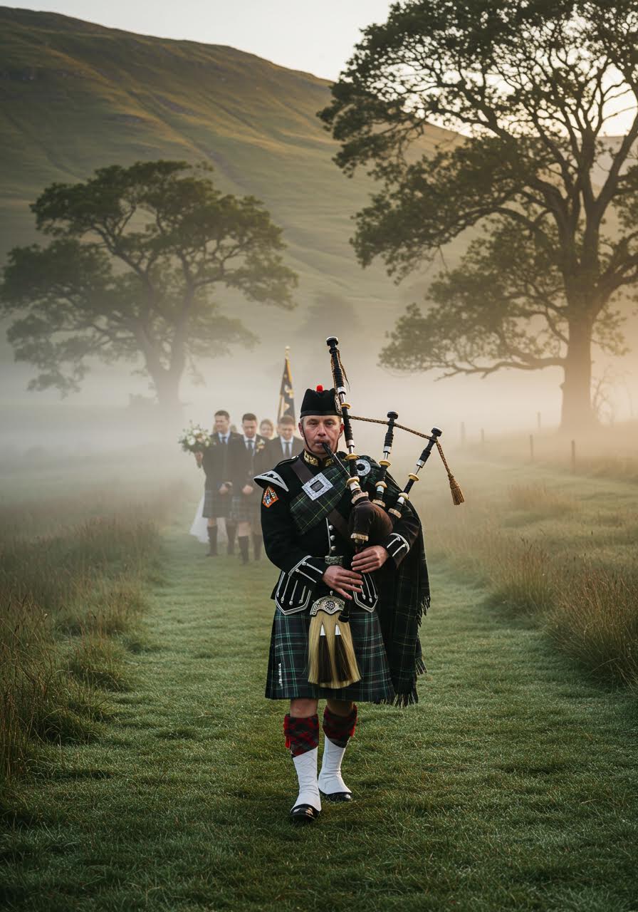 Traditional bagpiper leading wedding party through misty Highland glen surrounded by ancient oak trees