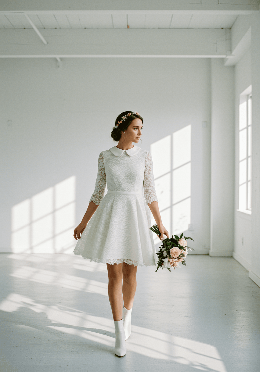 Bride in '60s-inspired A-line mini dress with mod geometric lace details and Peter Pan collar in minimalist white studio