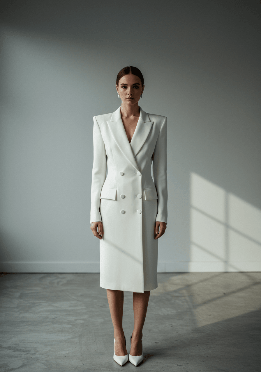 Bride in tailored white blazer dress with sharp lapels and structured shoulders in minimalist modern studio space