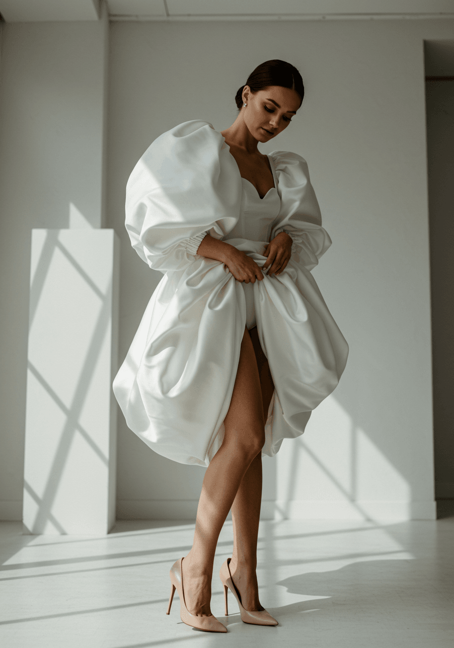 Detail shot of bride's dramatic sculptural puff sleeves in crisp white fabric with soft studio lighting