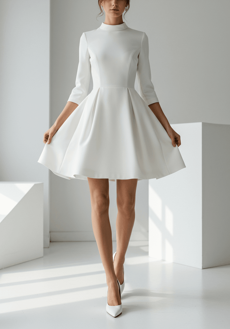Bride smoothing crisp mikado fabric of structured mini dress with three-quarter sleeves in white studio