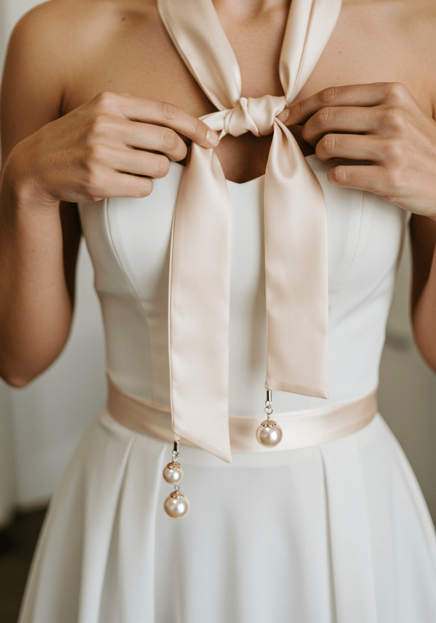 Close-up detail of hands adjusting lightweight silk scarf with lustrous pearl weights on bride wearing strapless gown