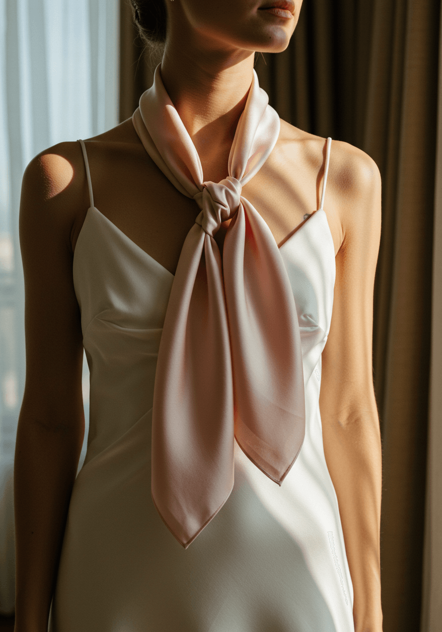 Bride wearing luxurious liquid satin scarf knotted in necktie style over flowing silk slip dress in marble-floored bridal suite