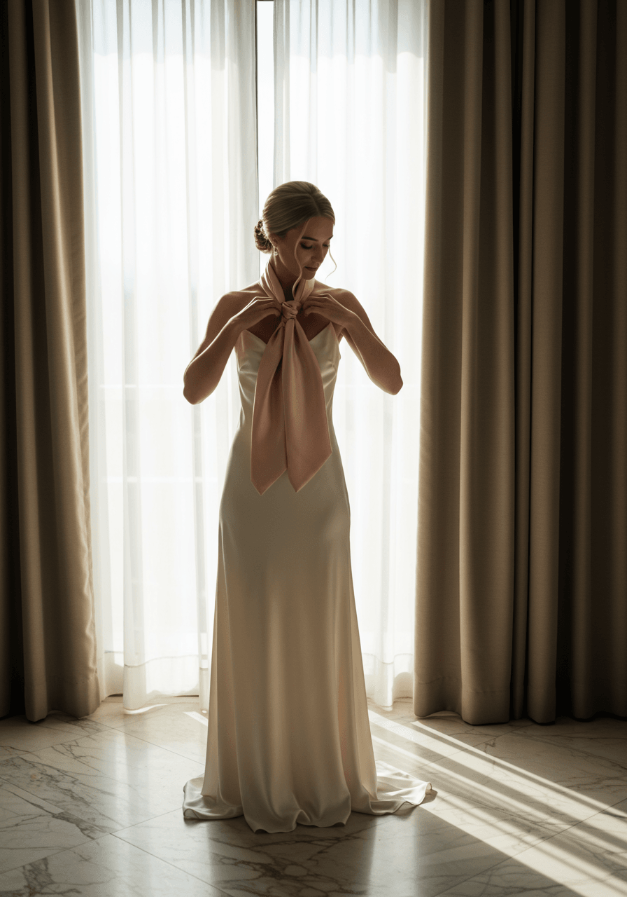 Half-body shot of bride showcasing necktie knot styling with champagne satin scarf during golden hour lighting