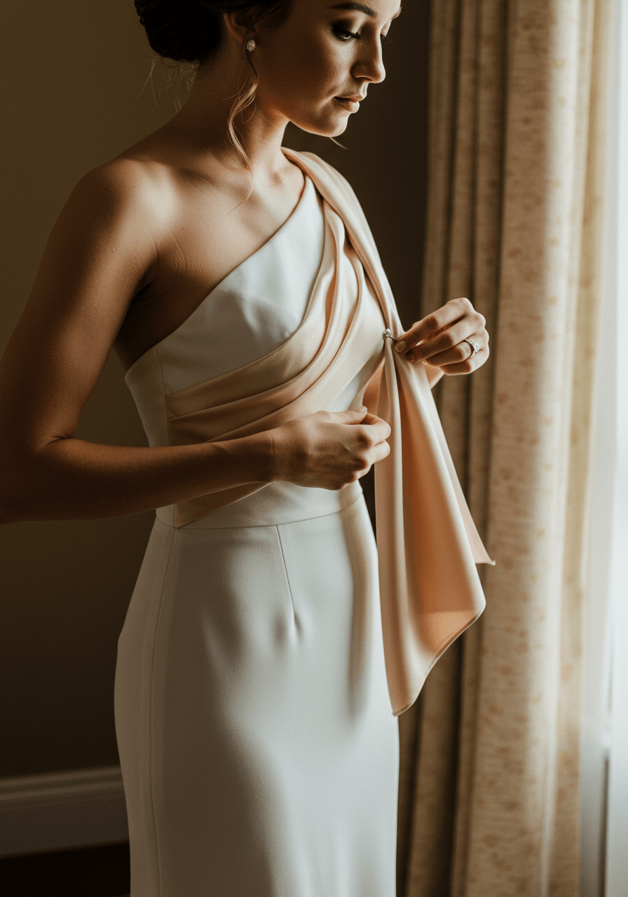 Bride adjusting asymmetrical liquid satin scarf draped from one-shoulder wedding gown strap in sunlit preparation room