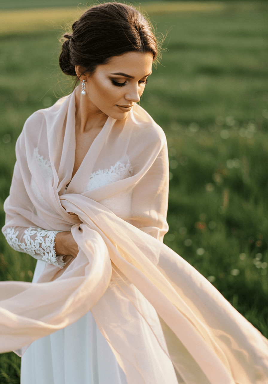 Three-quarter portrait of bride in wildflower meadow with flowing champagne satin scarf caught in gentle wind