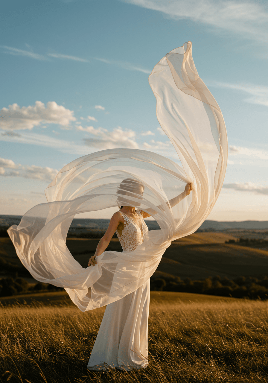 Bride in flowing ivory gown holding sheer satin scarf billowing dramatically in wind on scenic hillside during golden hour