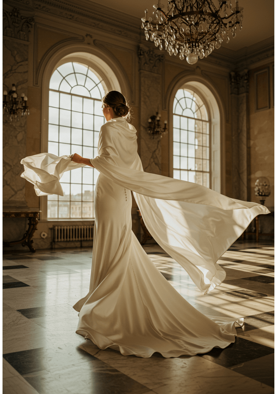 Bride walking in marble ballroom showing continuous flow from satin scarf to cathedral train during golden hour