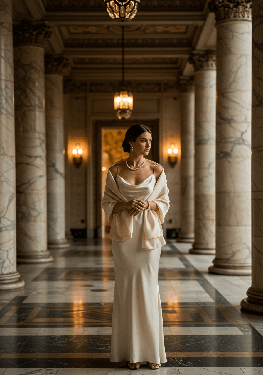 Bride wearing flowing silk shawl draped around elbows over sleek slip dress in opulent 1920s-inspired ballroom during golden hour
