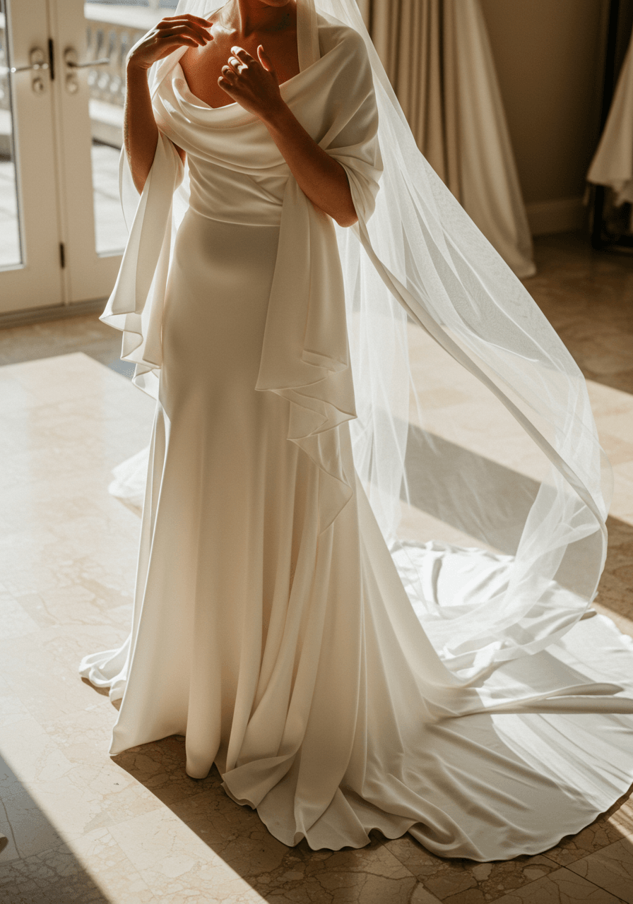 Full shot of bride showcasing continuous flow from scarf to train in elegant bridal boutique setting