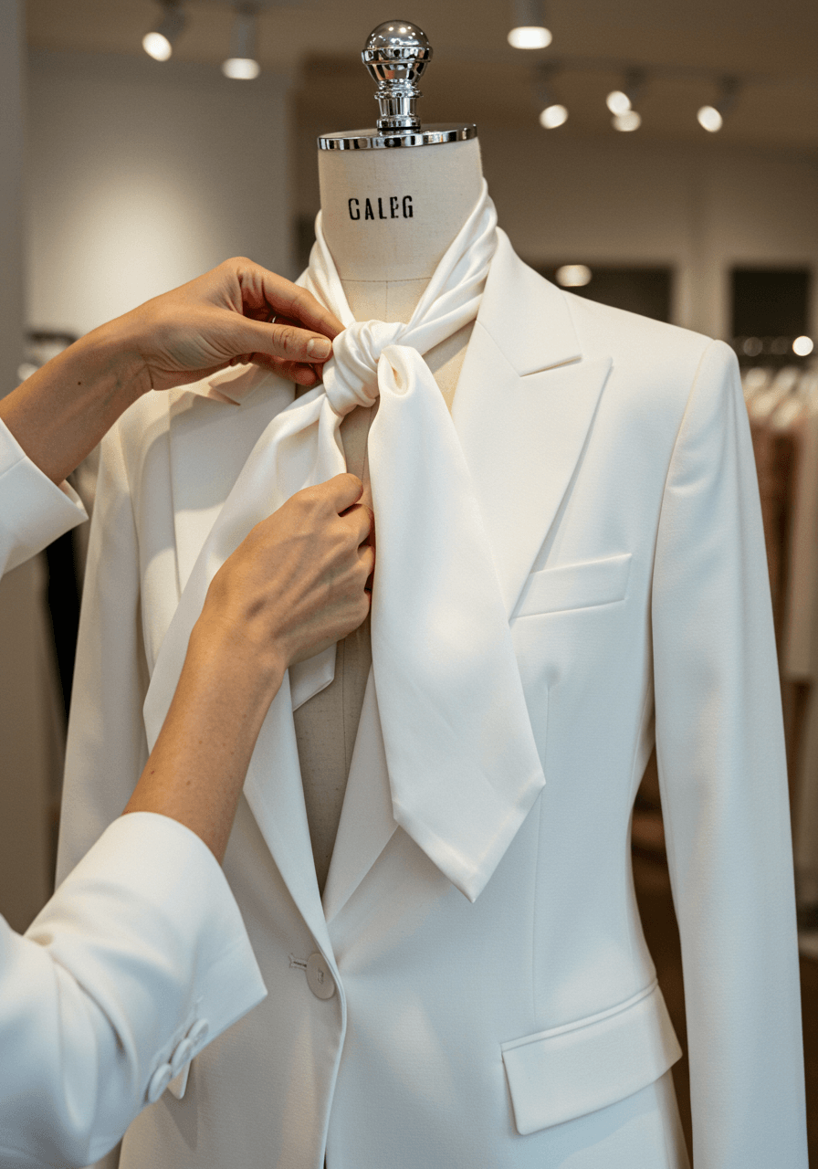 Detail shot of necktie knot formation with ivory satin fabric and tailored white blazer in menswear-inspired boutique