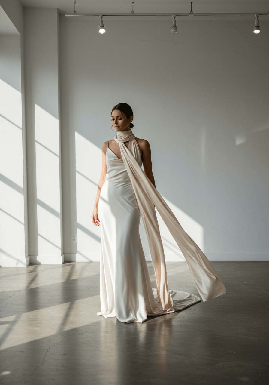 Bride wearing sleek silk choker-style scarf with floor-length streamers in minimalist bridal boutique during soft afternoon light