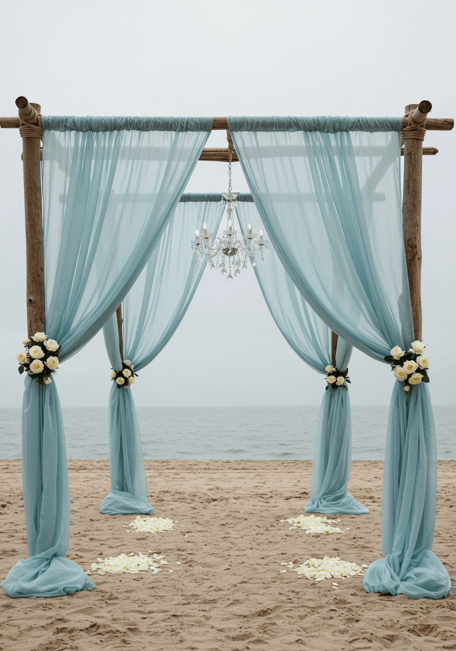 Detail view of flowing blue silk fabric installation with scattered white rose petals on pavilion floor