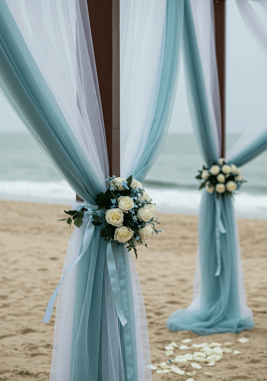 Cascading ocean mist blue silk ribbons and white tulle creating dreamy canopy in beach pavilion