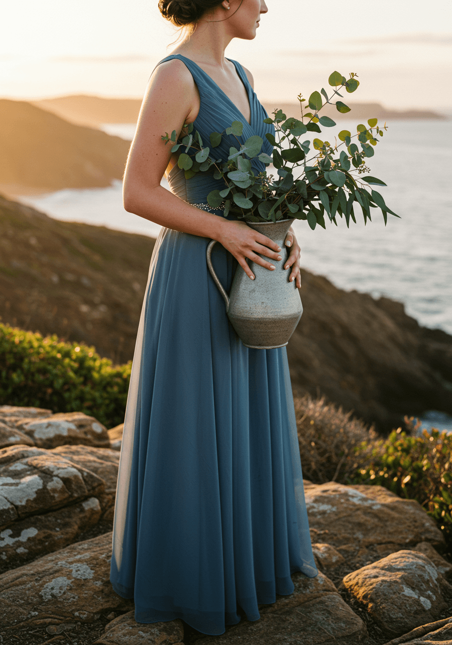 Contemplative bride portrait on coastal overlook with weathered stone textures and distant misty coastline