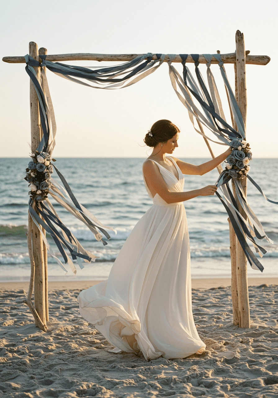 Detail of flowing grey and blue silk ribbons attached to weathered driftwood beach ceremony arch