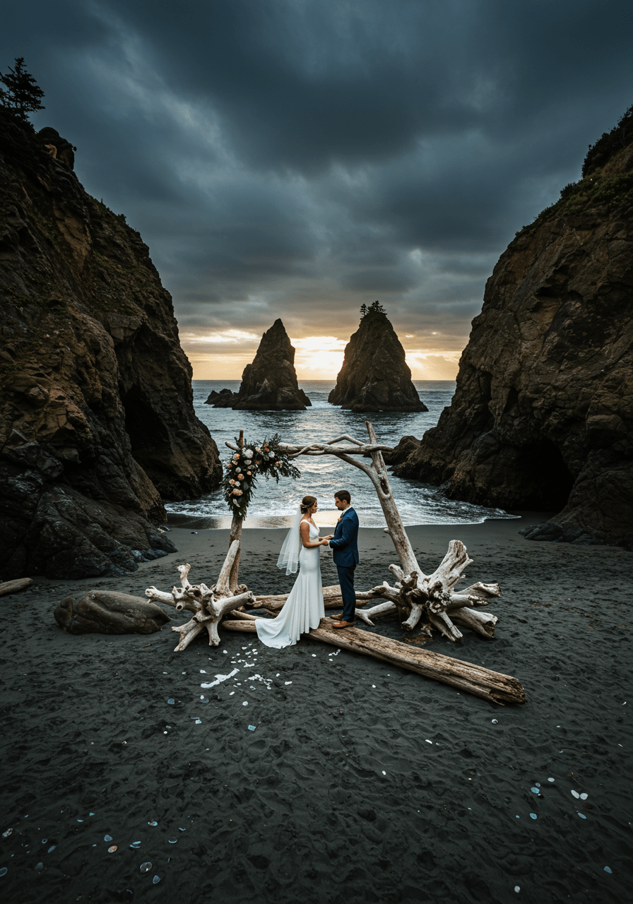 Wide view of dramatic coastal ceremony with storm clouds gathering over ocean horizon