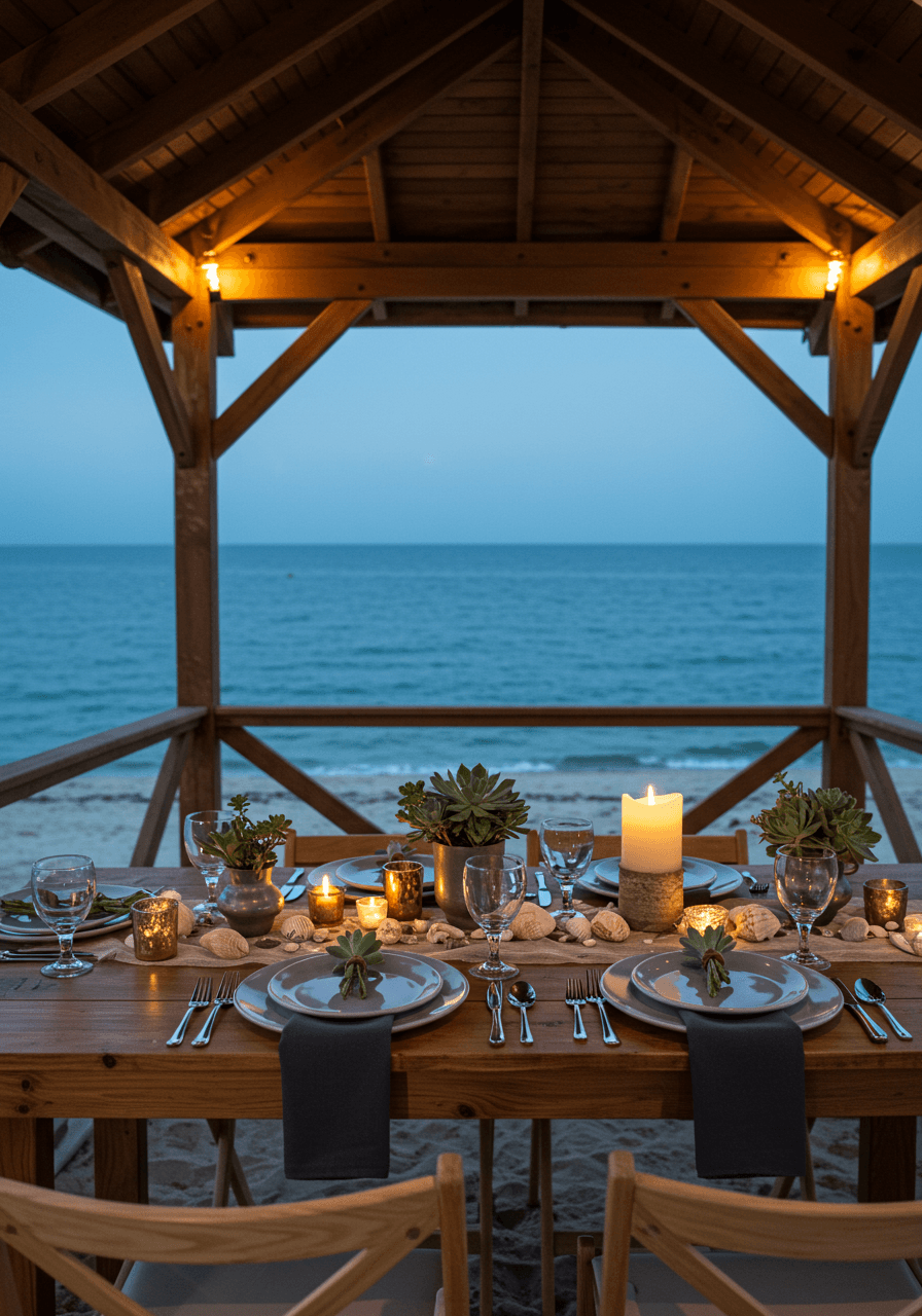 Overhead view of intimate sweetheart table with pewter flatware and slate grey plates during blue hour in beachside pavilion