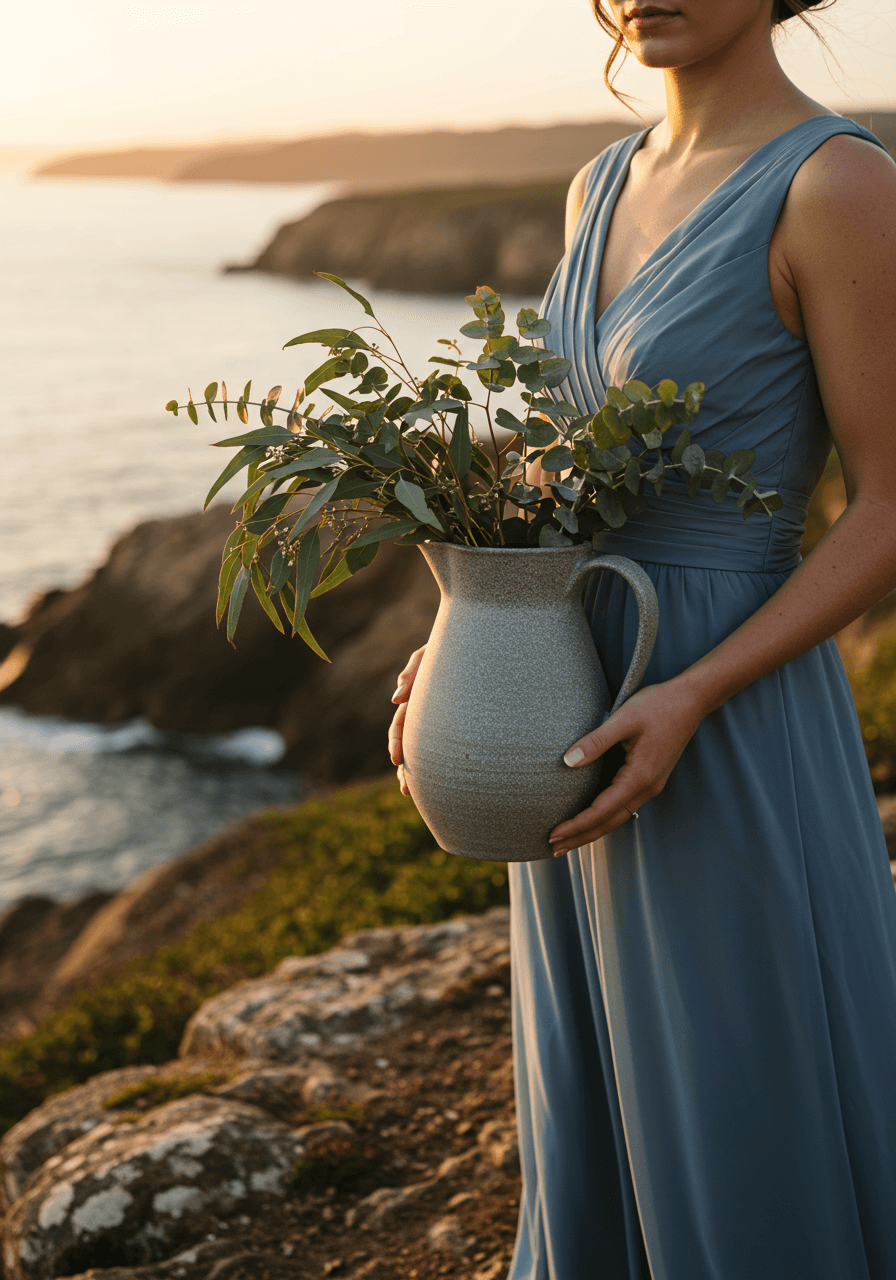 Bride in slate blue dress holding granite grey ceramic pitcher with eucalyptus branches on rocky coastal overlook during golden hour