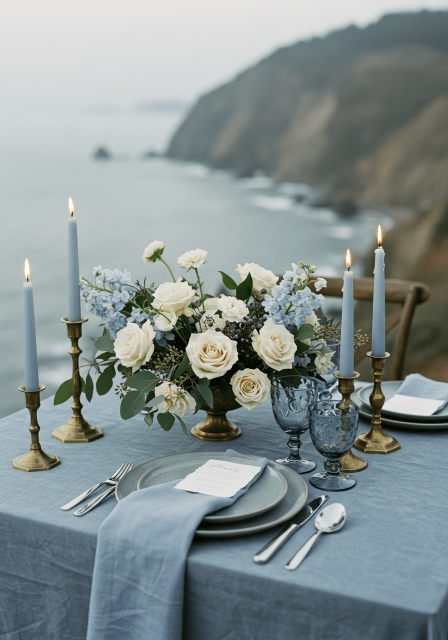Elegant clifftop tablescape with organic florals in muted tones overlooking misty coastal landscape during dawn