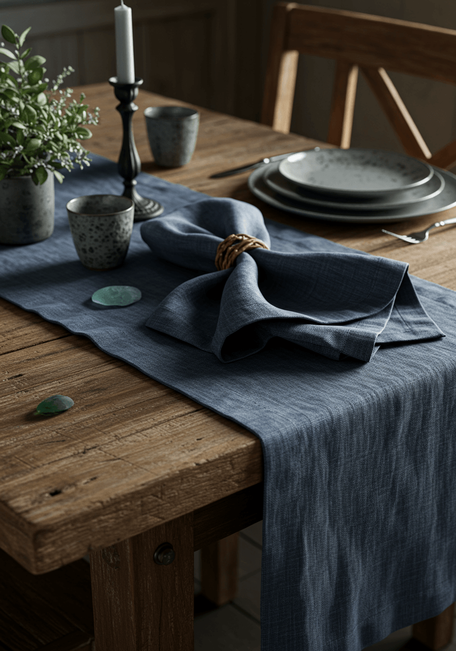 Steel blue linen napkins and table runners arranged on weathered wooden dining table during golden afternoon light