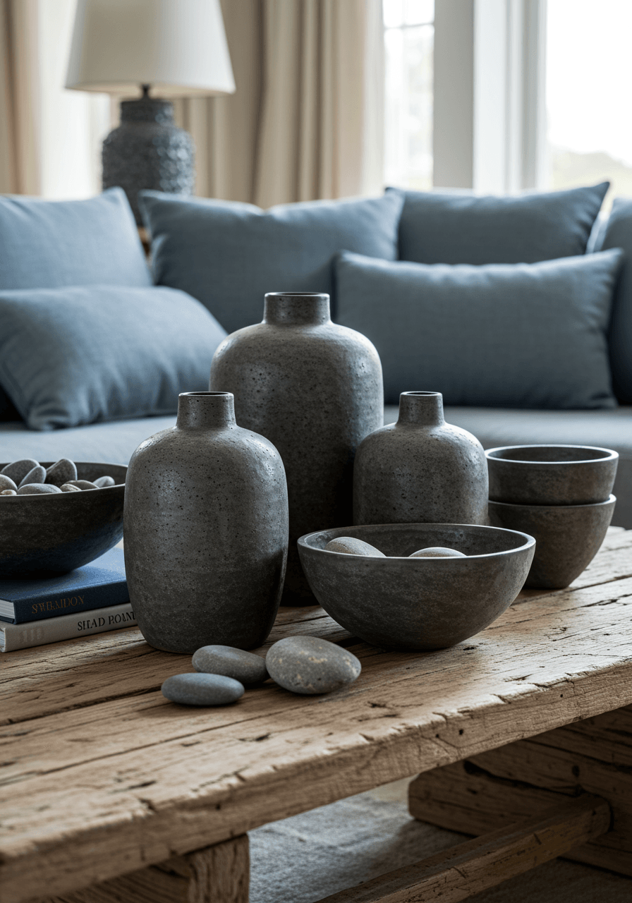 Collection of matte charcoal pottery and smooth river stones creating sophisticated accent display in coastal living room