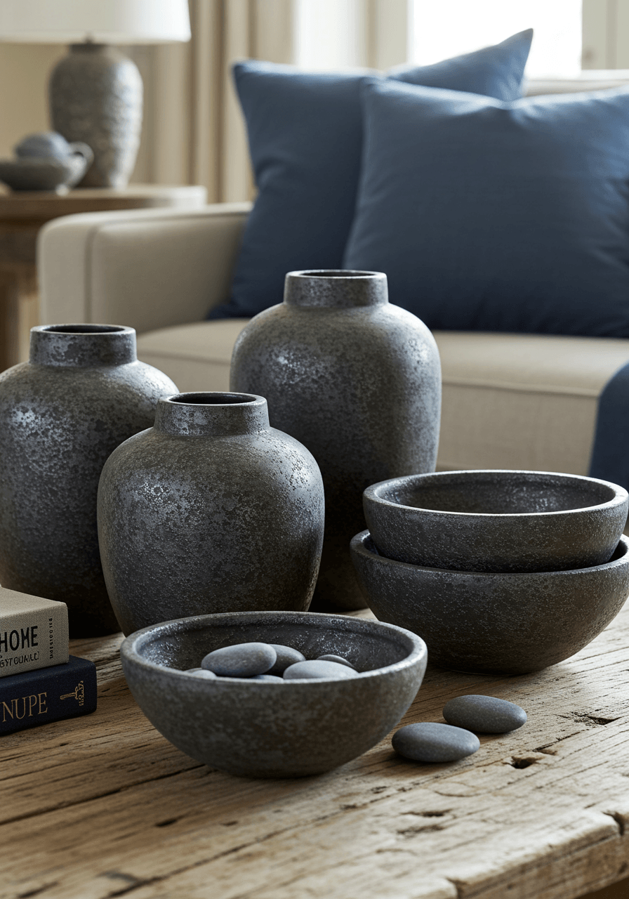 Granite grey ceramic vases and bowls arranged on weathered driftwood coffee table with slate blue throw pillows