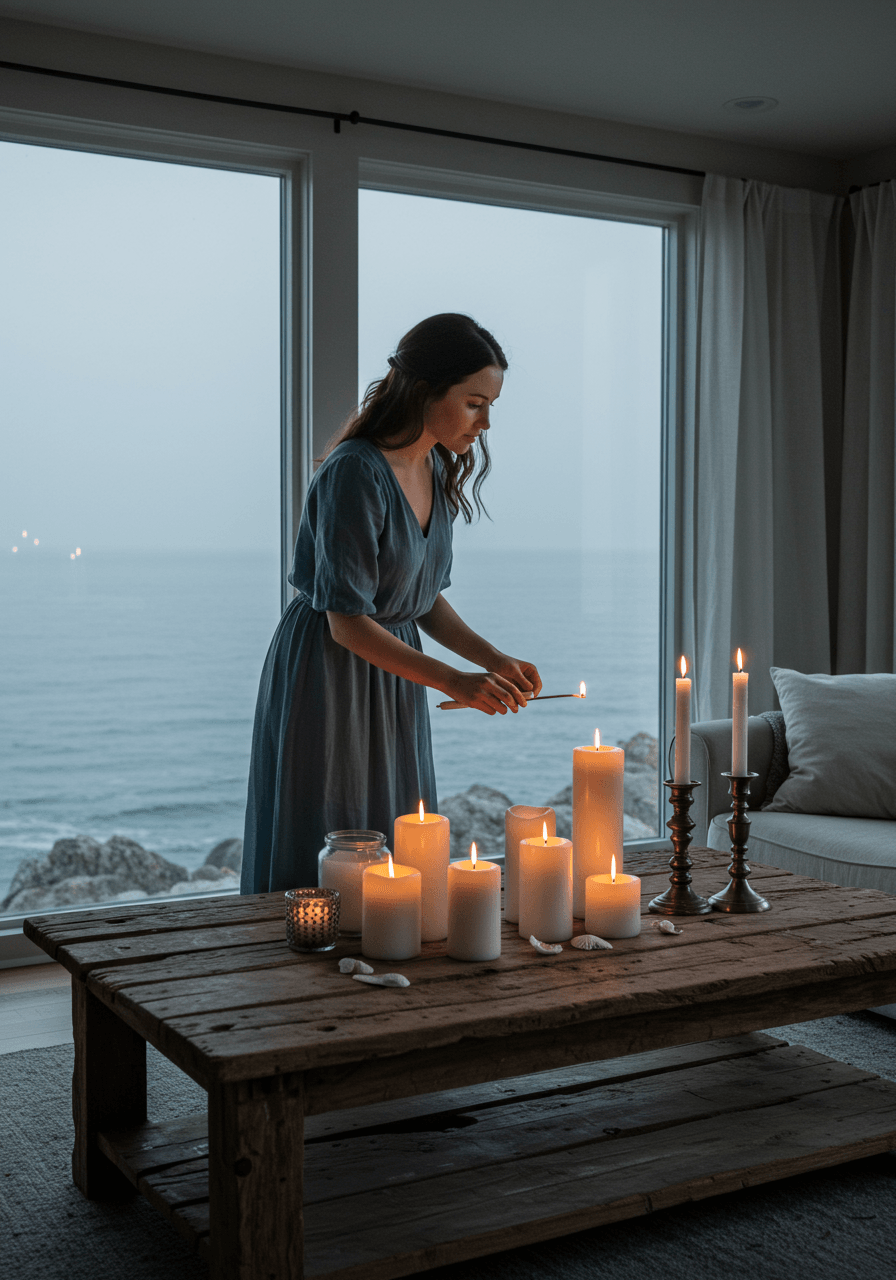 Coastal living room with various white candles arranged on rustic wooden coffee table with foggy seascape beyond windows