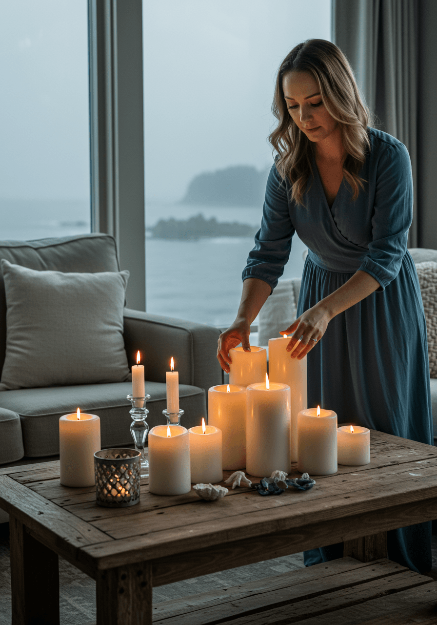 Woman in slate blue dress arranging white candles on wooden table as fog drifts past coastal windows during early evening