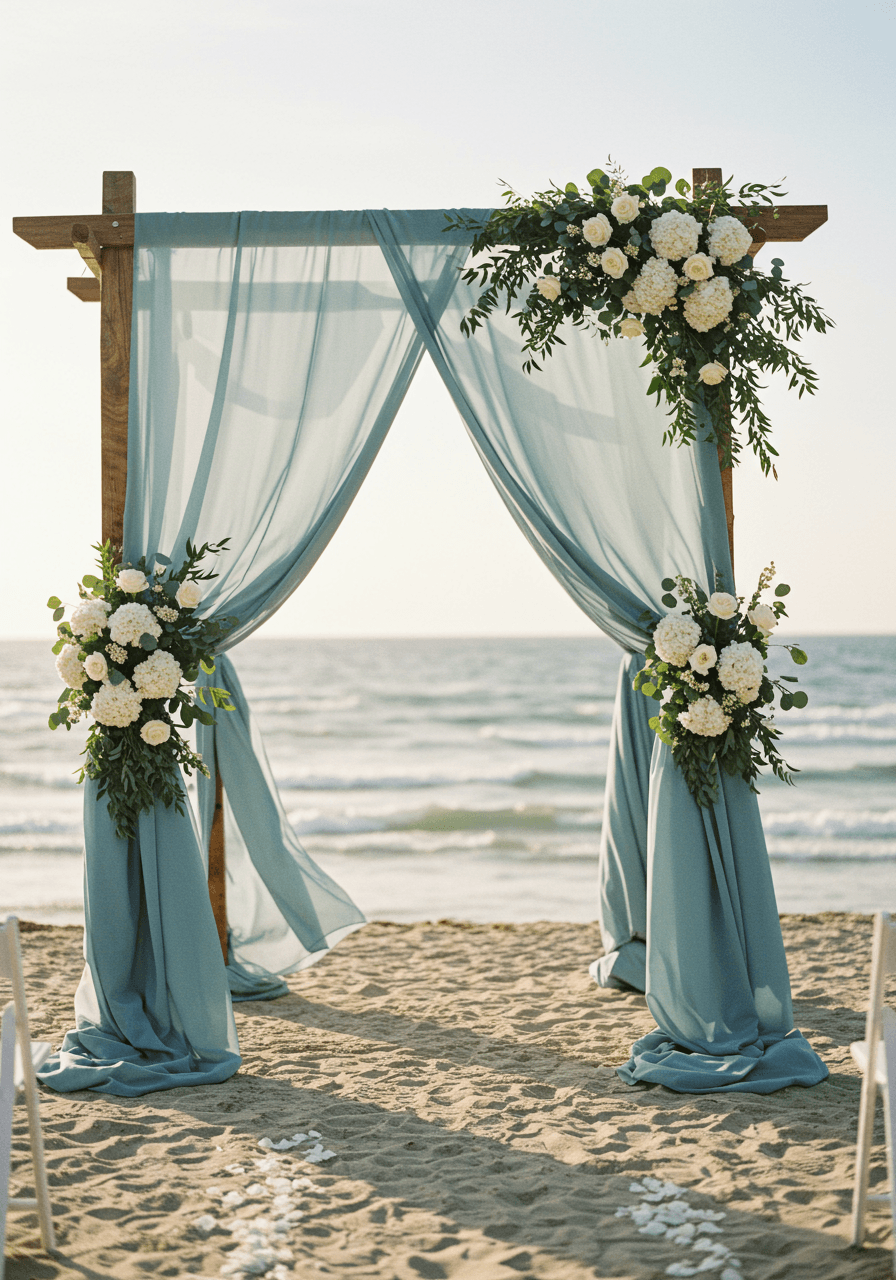Flowing ocean mist blue fabric panels with white florals creating ethereal outdoor coastal ceremony backdrop