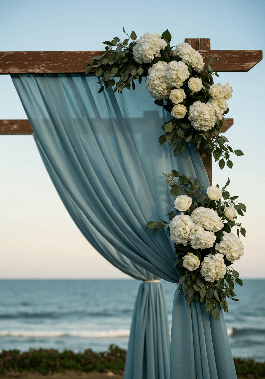 Close-up of delicate white hydrangeas and eucalyptus arranged within blue chiffon ceremony draping