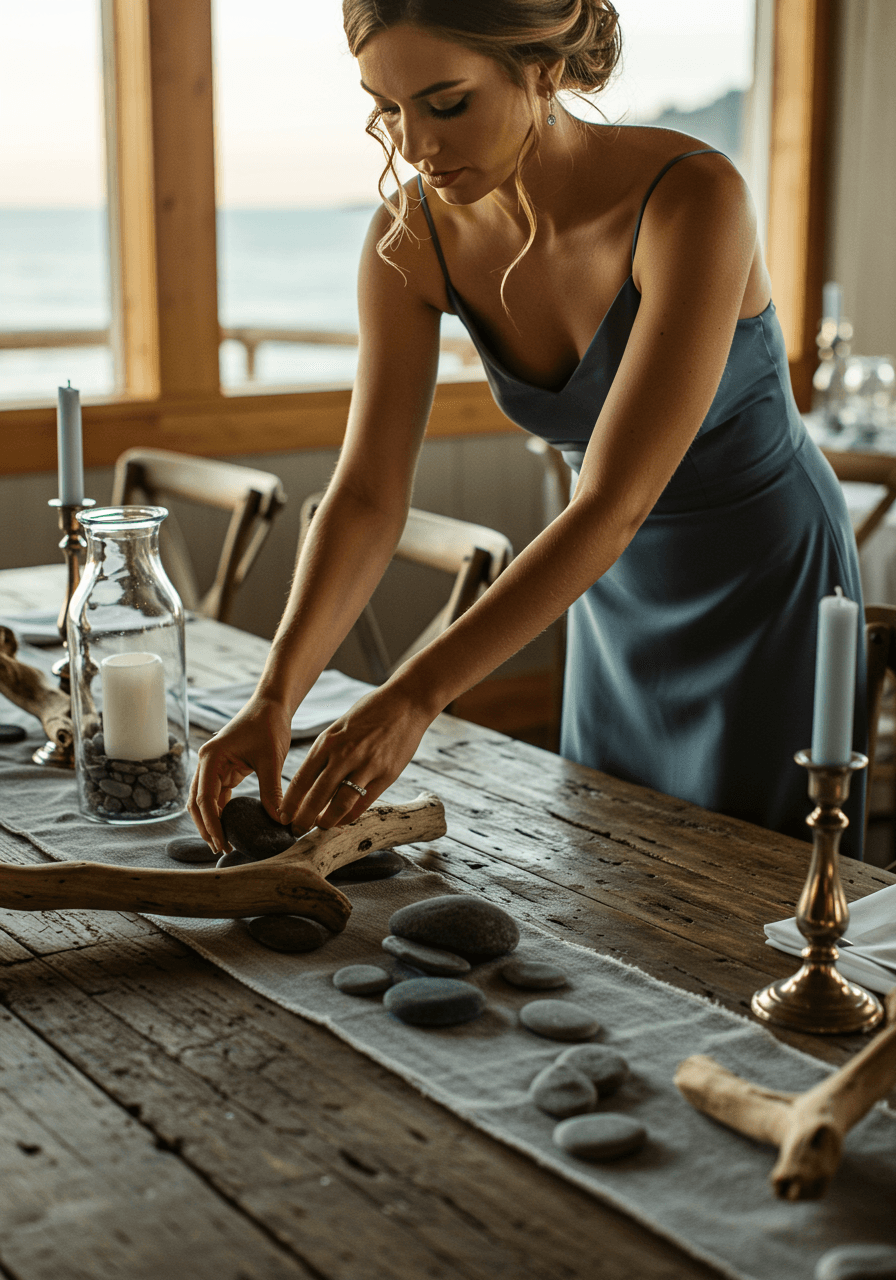 Detail of bride's hands placing smooth grey stones and sea glass accents on rustic reception table