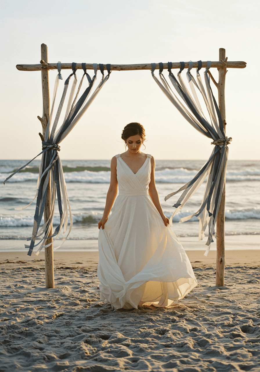 Bride in ivory chiffon holding driftwood wedding arch with slate blue ribbon streamers on sandy beach during golden hour