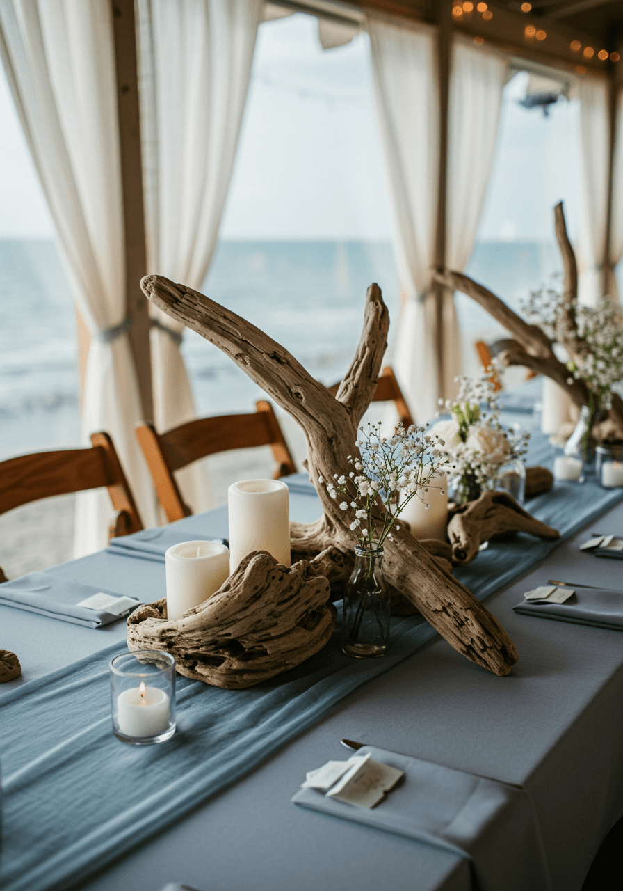Weathered driftwood centerpiece arrangement with white candles and slate blue table runner in coastal venue