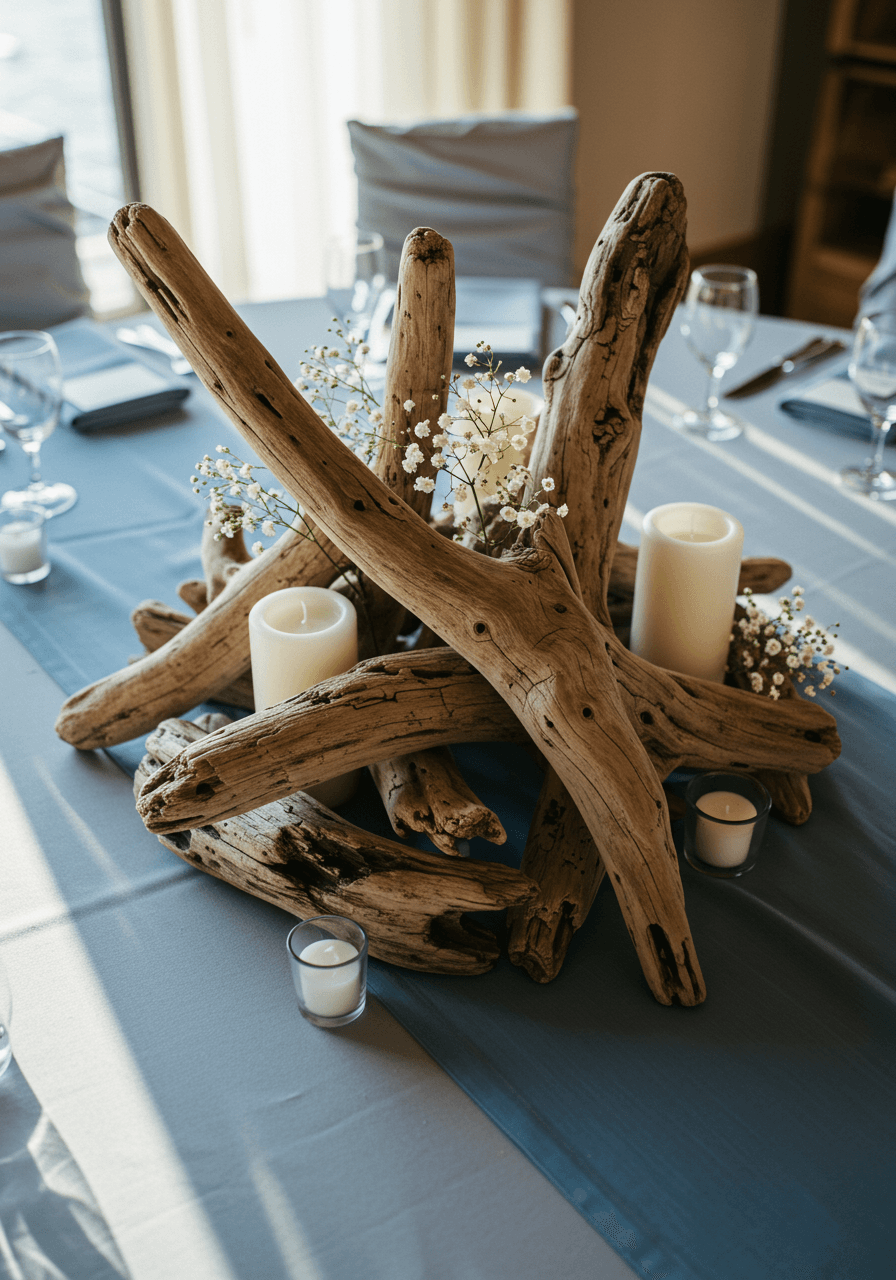 Overhead view of driftwood centerpiece styling with white flowers and pillar candles on linen table