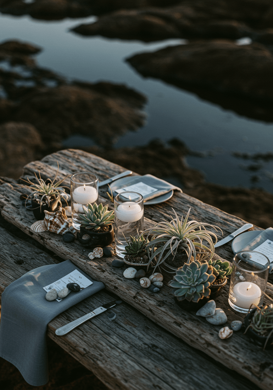 Elegant tablescape on weathered driftwood beside natural tidal pools with mother-of-pearl plates and succulent centerpieces during golden hour
