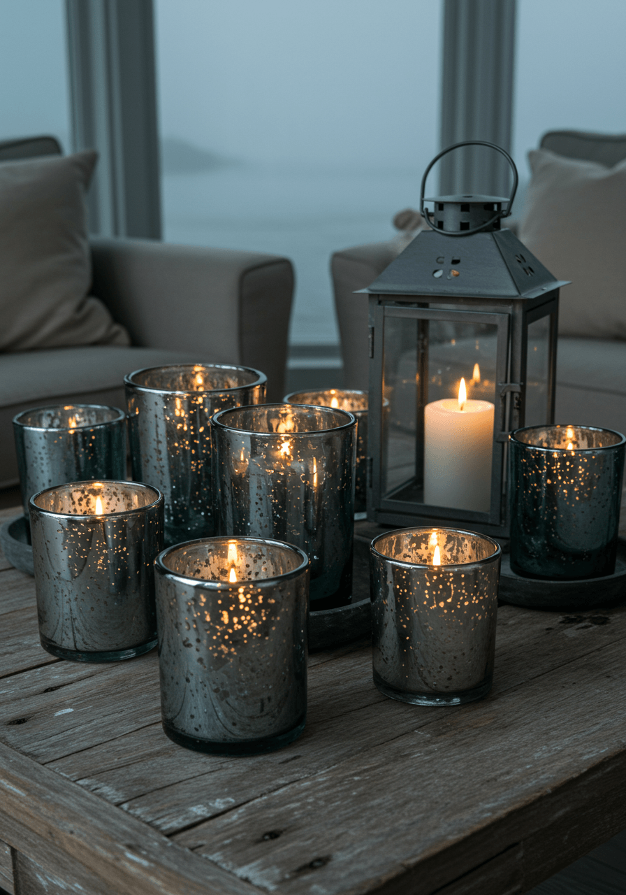 Collection of mercury glass votives and lanterns in slate blue and silver creating atmospheric candlelit scene in fog-shrouded coastal cottage