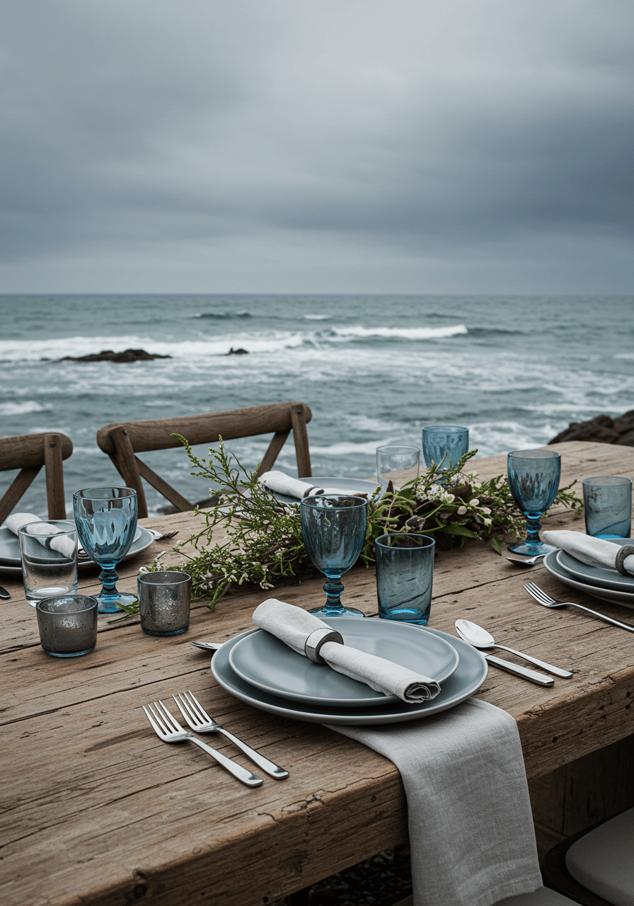 Storm cloud grey charger plates and linen napkins on weathered driftwood table overlooking moody coastline