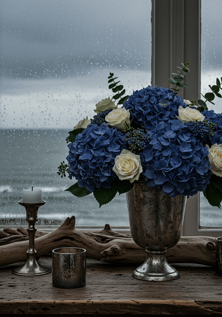 Dramatic slate blue hydrangea and silver eucalyptus arrangement in weathered vase by rain-streaked window overlooking stormy ocean
