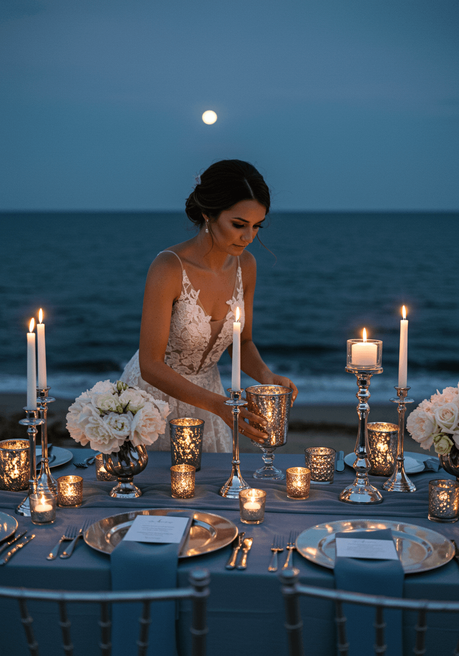 Bride arranging shimmering pewter and silver centerpieces with mercury glass under moonlight overlooking coastal shoreline